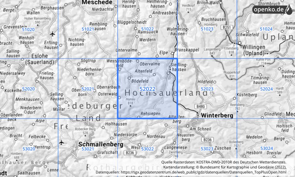 Übersichtskarte KOSTRA-DWD-2010R Rasterfeld Nr. 52022 mit angrenzenden Feldern