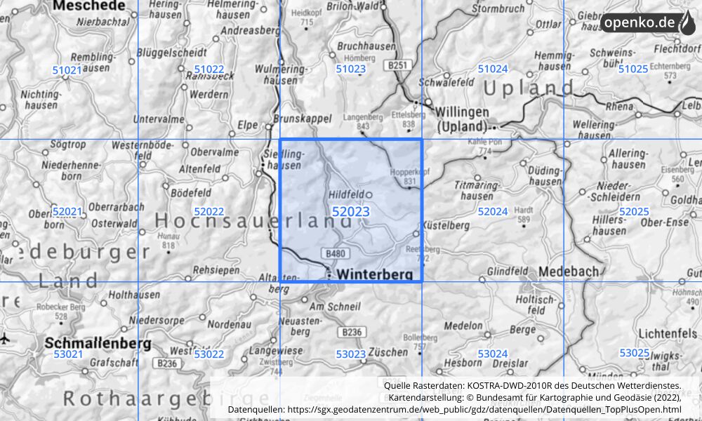 Übersichtskarte KOSTRA-DWD-2010R Rasterfeld Nr. 52023 mit angrenzenden Feldern