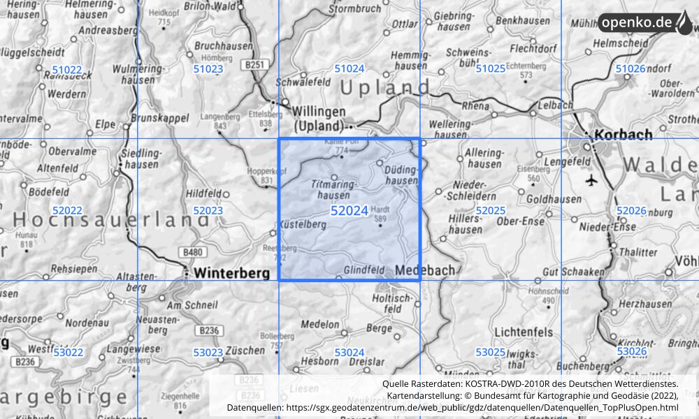 Übersichtskarte KOSTRA-DWD-2010R Rasterfeld Nr. 52024 mit angrenzenden Feldern