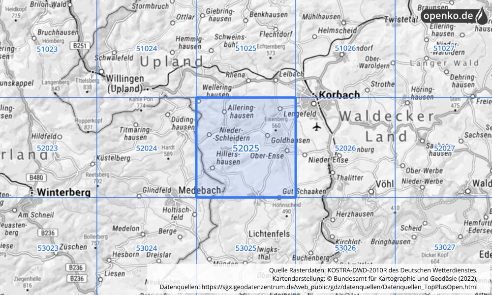 Übersichtskarte KOSTRA-DWD-2010R Rasterfeld Nr. 52025 mit angrenzenden Feldern