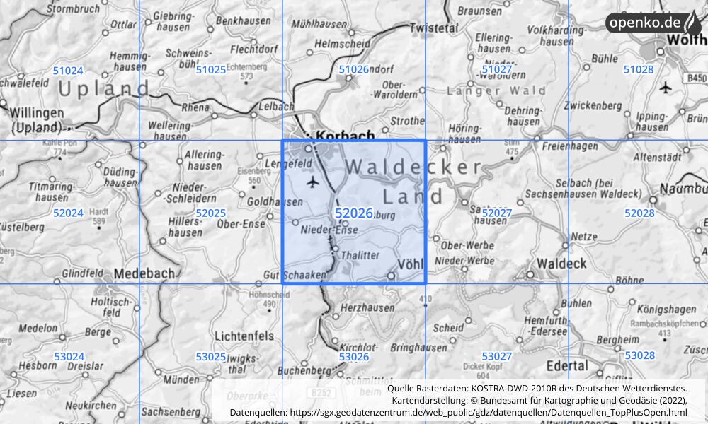 Übersichtskarte KOSTRA-DWD-2010R Rasterfeld Nr. 52026 mit angrenzenden Feldern