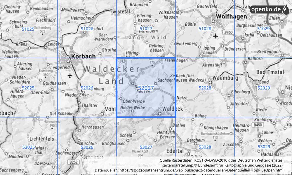 Übersichtskarte KOSTRA-DWD-2010R Rasterfeld Nr. 52027 mit angrenzenden Feldern