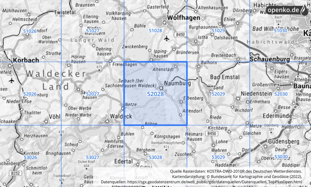 Übersichtskarte KOSTRA-DWD-2010R Rasterfeld Nr. 52028 mit angrenzenden Feldern