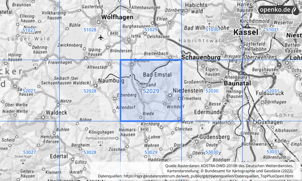 Übersichtskarte KOSTRA-DWD-2010R Rasterfeld Nr. 52029 mit angrenzenden Feldern