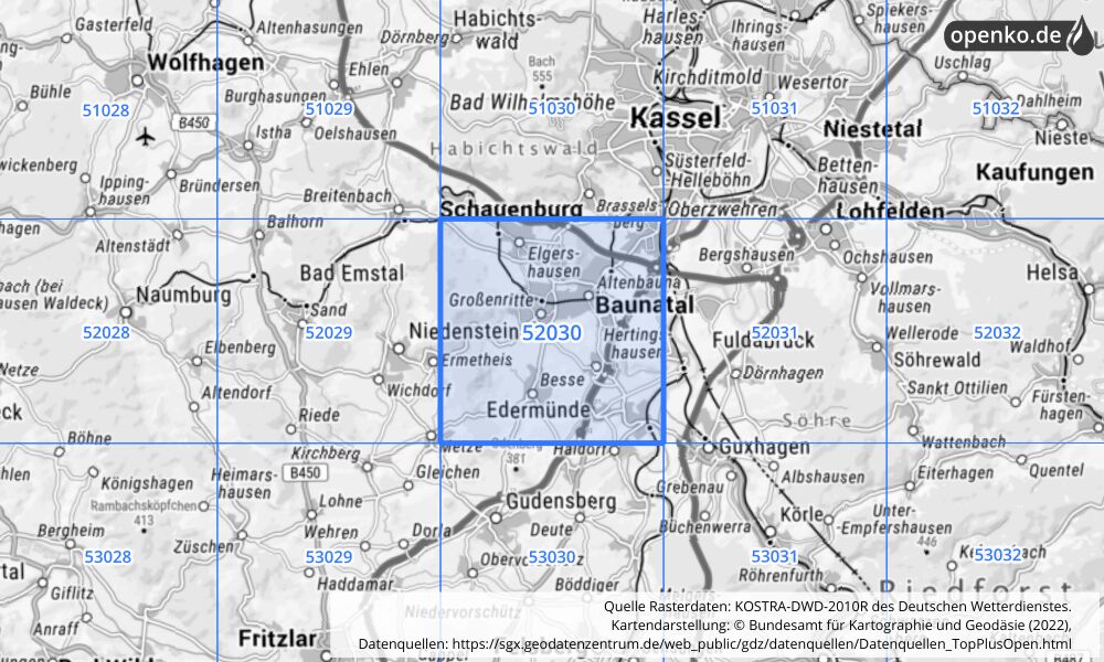 Übersichtskarte KOSTRA-DWD-2010R Rasterfeld Nr. 52030 mit angrenzenden Feldern