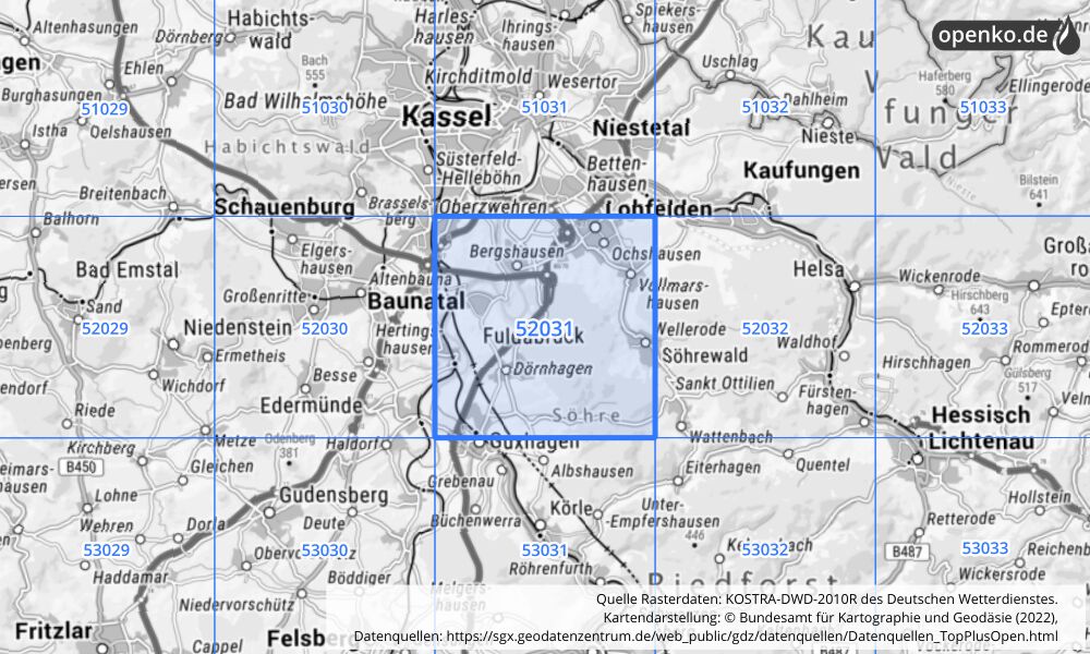 Übersichtskarte KOSTRA-DWD-2010R Rasterfeld Nr. 52031 mit angrenzenden Feldern