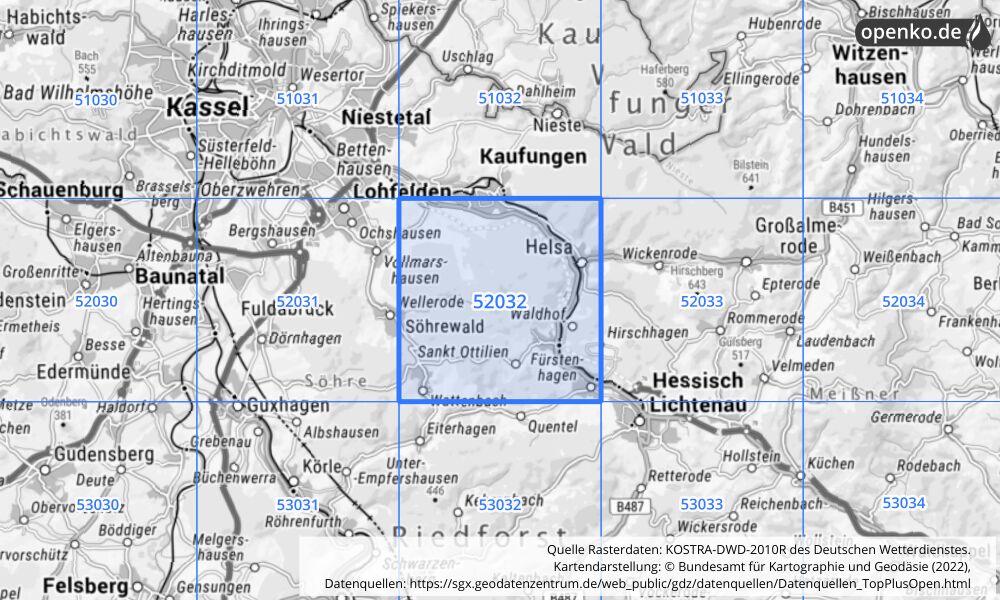 Übersichtskarte KOSTRA-DWD-2010R Rasterfeld Nr. 52032 mit angrenzenden Feldern