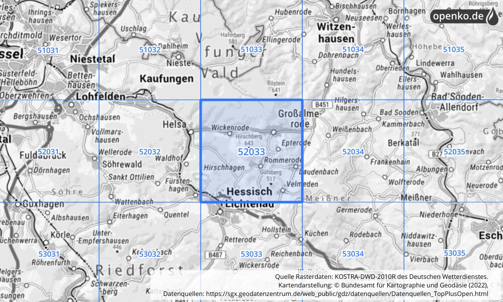 Übersichtskarte KOSTRA-DWD-2010R Rasterfeld Nr. 52033 mit angrenzenden Feldern