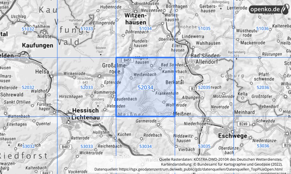 Übersichtskarte KOSTRA-DWD-2010R Rasterfeld Nr. 52034 mit angrenzenden Feldern