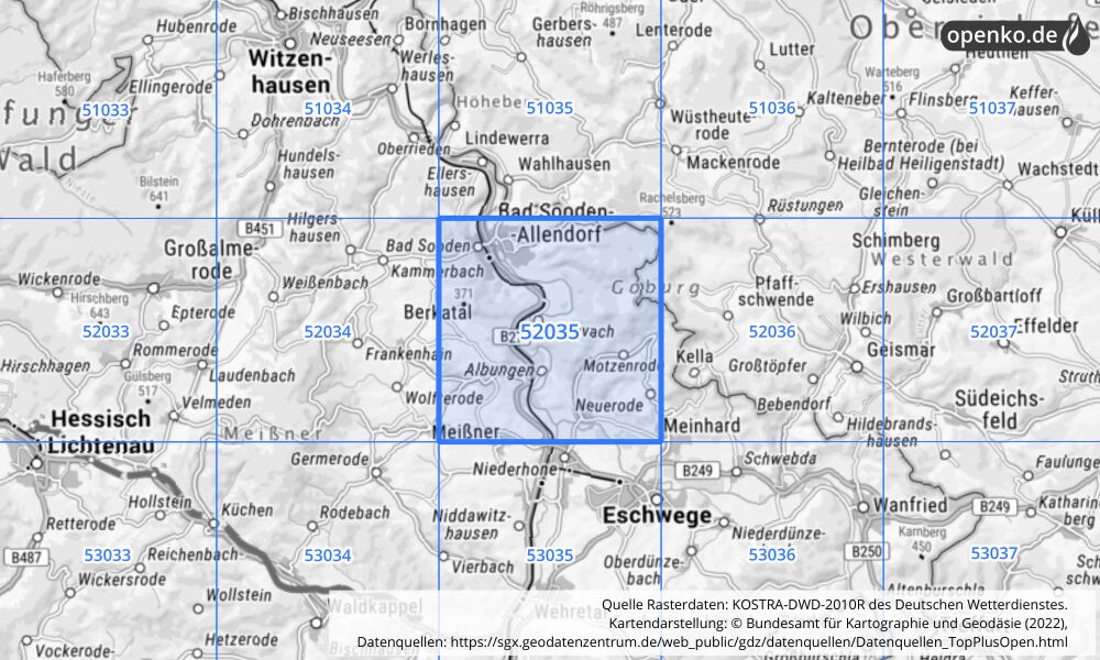 Übersichtskarte KOSTRA-DWD-2010R Rasterfeld Nr. 52035 mit angrenzenden Feldern