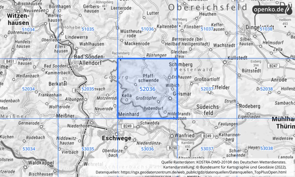 Übersichtskarte KOSTRA-DWD-2010R Rasterfeld Nr. 52036 mit angrenzenden Feldern