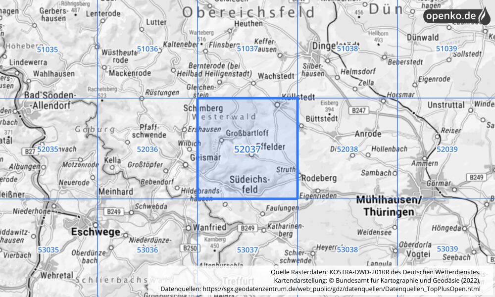 Übersichtskarte KOSTRA-DWD-2010R Rasterfeld Nr. 52037 mit angrenzenden Feldern