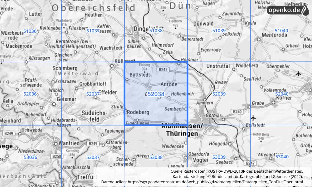 Übersichtskarte KOSTRA-DWD-2010R Rasterfeld Nr. 52038 mit angrenzenden Feldern