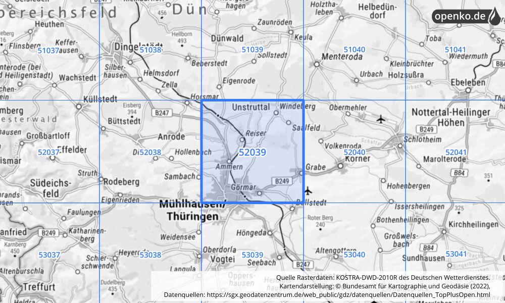 Übersichtskarte KOSTRA-DWD-2010R Rasterfeld Nr. 52039 mit angrenzenden Feldern