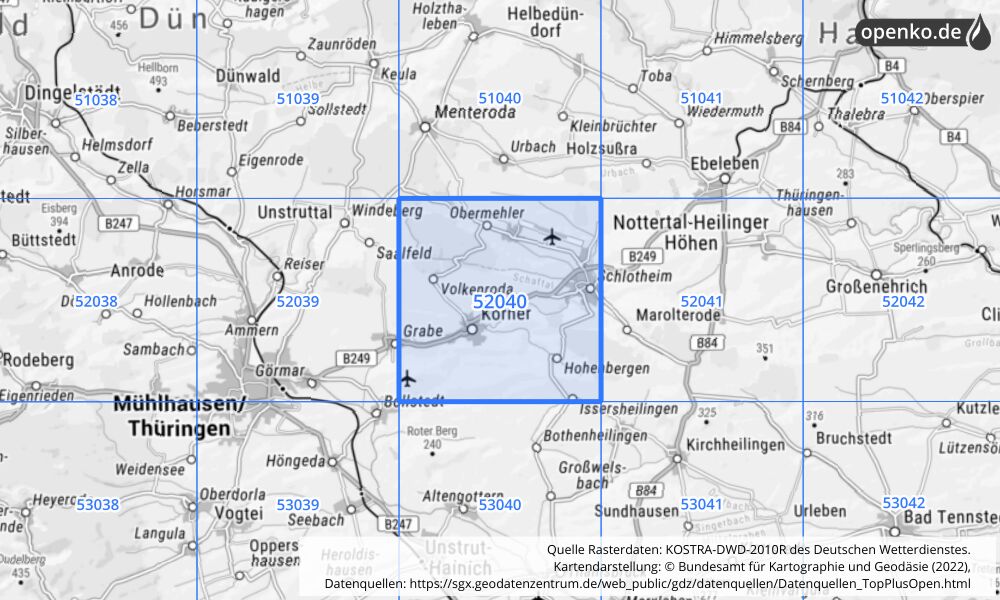 Übersichtskarte KOSTRA-DWD-2010R Rasterfeld Nr. 52040 mit angrenzenden Feldern