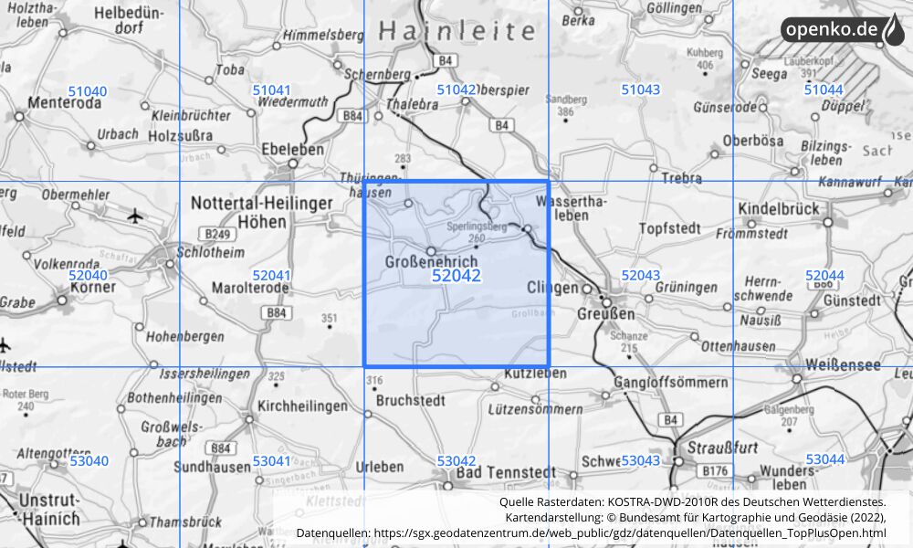 Übersichtskarte KOSTRA-DWD-2010R Rasterfeld Nr. 52042 mit angrenzenden Feldern