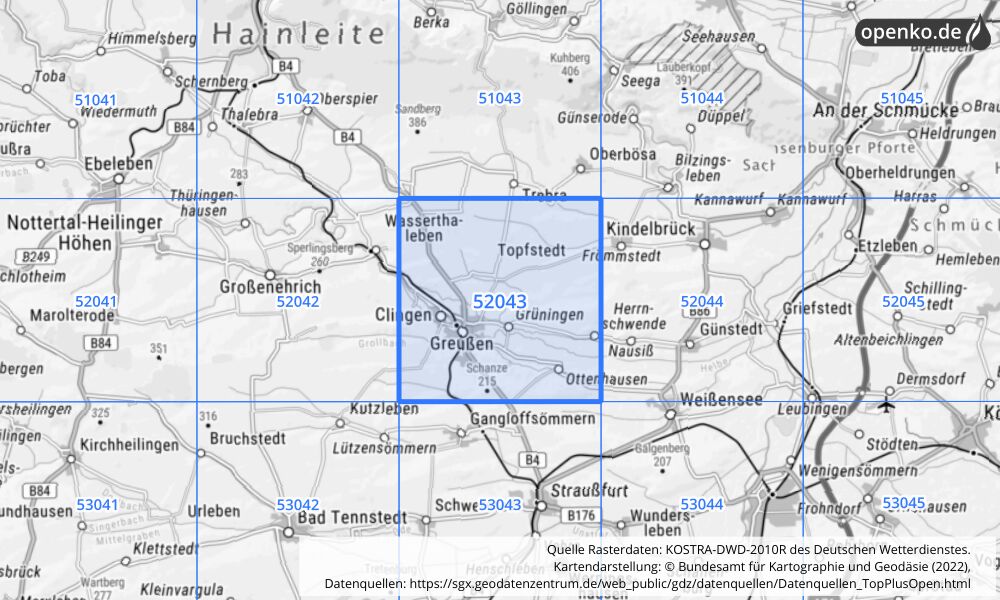 Übersichtskarte KOSTRA-DWD-2010R Rasterfeld Nr. 52043 mit angrenzenden Feldern