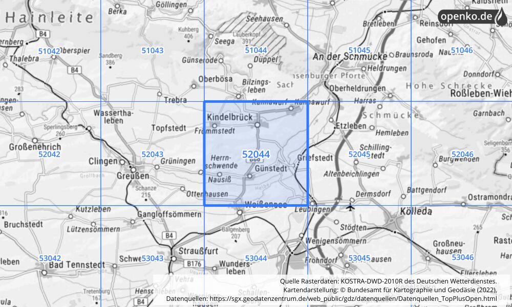 Übersichtskarte KOSTRA-DWD-2010R Rasterfeld Nr. 52044 mit angrenzenden Feldern