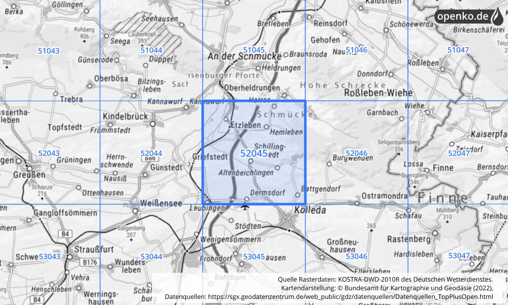 Übersichtskarte KOSTRA-DWD-2010R Rasterfeld Nr. 52045 mit angrenzenden Feldern