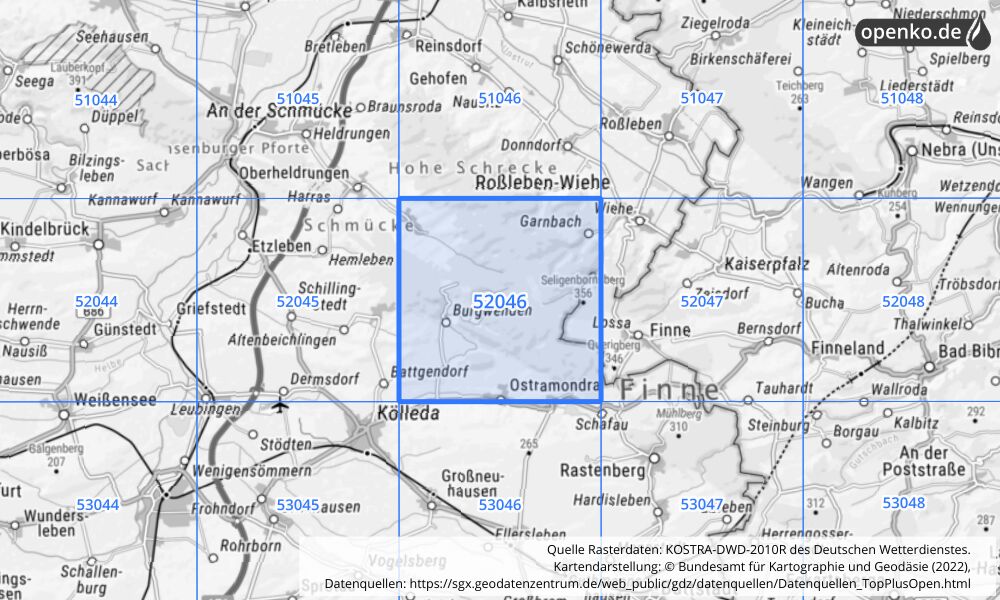 Übersichtskarte KOSTRA-DWD-2010R Rasterfeld Nr. 52046 mit angrenzenden Feldern