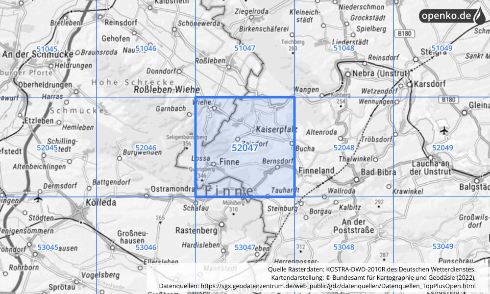 Übersichtskarte KOSTRA-DWD-2010R Rasterfeld Nr. 52047 mit angrenzenden Feldern