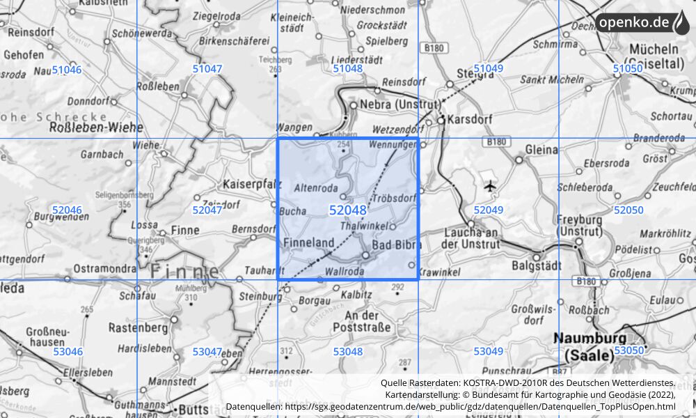 Übersichtskarte KOSTRA-DWD-2010R Rasterfeld Nr. 52048 mit angrenzenden Feldern