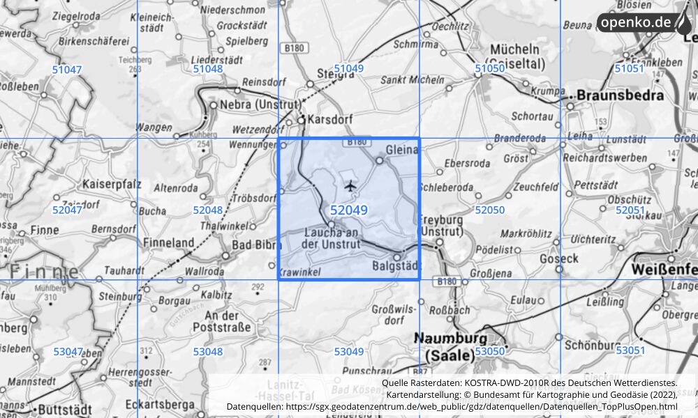 Übersichtskarte KOSTRA-DWD-2010R Rasterfeld Nr. 52049 mit angrenzenden Feldern