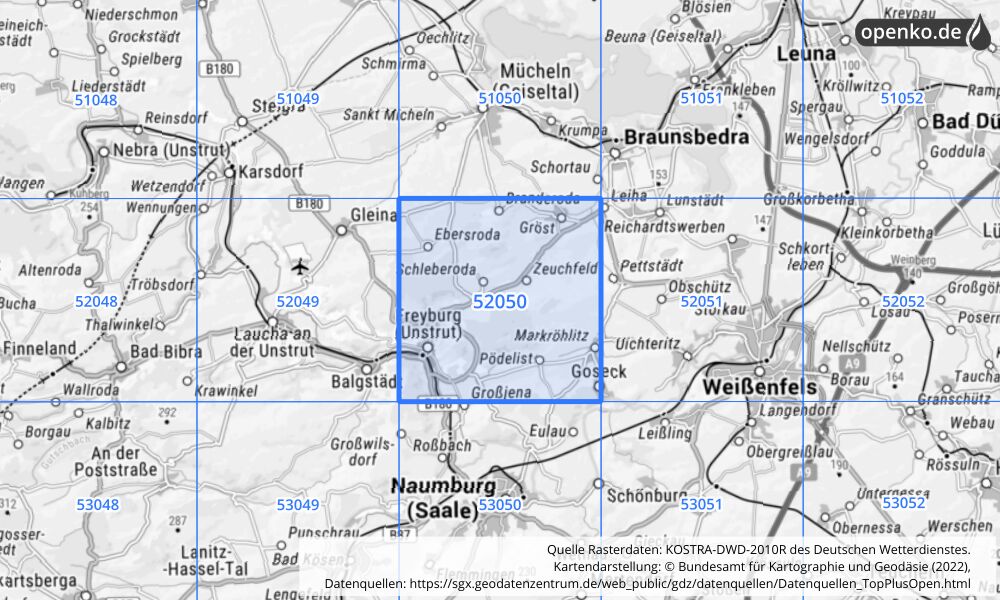 Übersichtskarte KOSTRA-DWD-2010R Rasterfeld Nr. 52050 mit angrenzenden Feldern