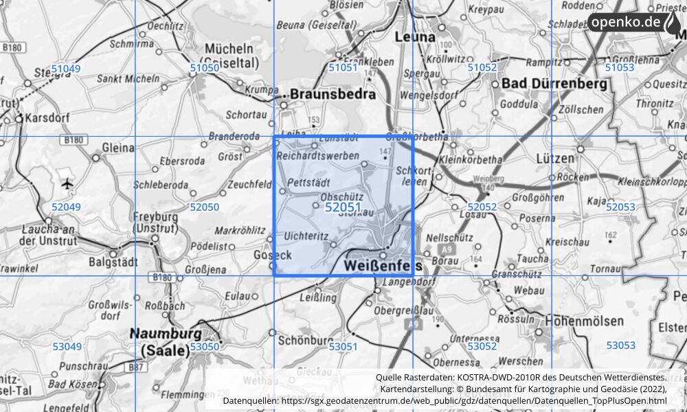 Übersichtskarte KOSTRA-DWD-2010R Rasterfeld Nr. 52051 mit angrenzenden Feldern