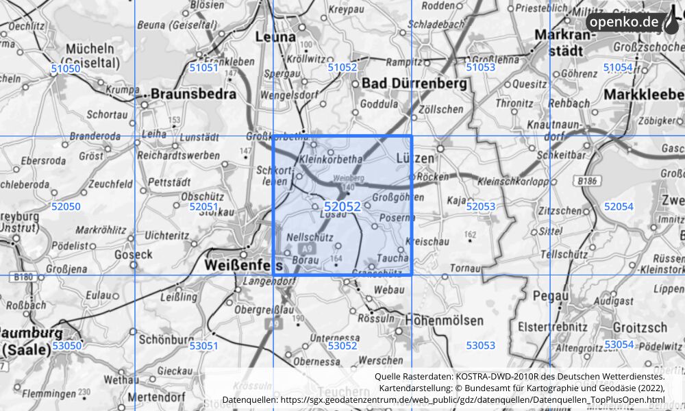 Übersichtskarte KOSTRA-DWD-2010R Rasterfeld Nr. 52052 mit angrenzenden Feldern