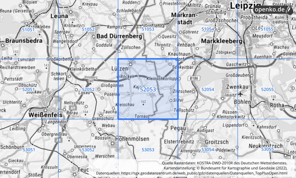 Übersichtskarte KOSTRA-DWD-2010R Rasterfeld Nr. 52053 mit angrenzenden Feldern