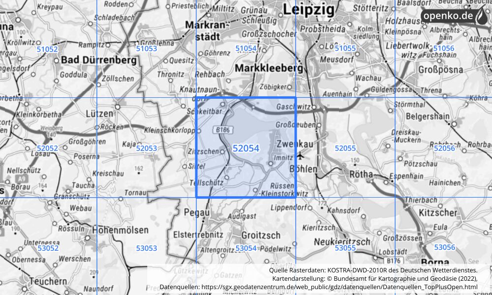 Übersichtskarte KOSTRA-DWD-2010R Rasterfeld Nr. 52054 mit angrenzenden Feldern