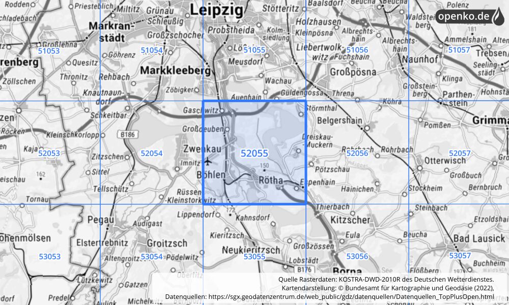 Übersichtskarte KOSTRA-DWD-2010R Rasterfeld Nr. 52055 mit angrenzenden Feldern