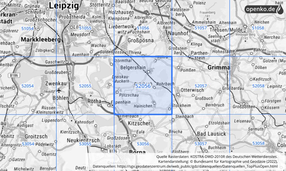 Übersichtskarte KOSTRA-DWD-2010R Rasterfeld Nr. 52056 mit angrenzenden Feldern