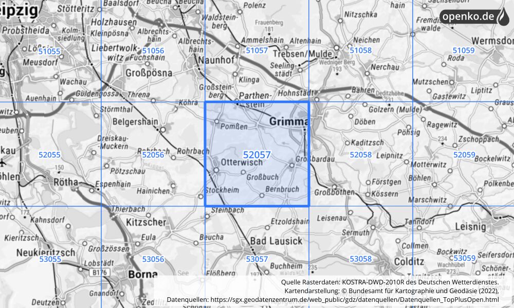Übersichtskarte KOSTRA-DWD-2010R Rasterfeld Nr. 52057 mit angrenzenden Feldern