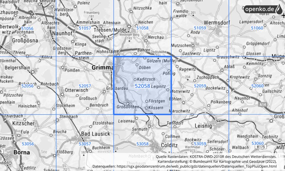 Übersichtskarte KOSTRA-DWD-2010R Rasterfeld Nr. 52058 mit angrenzenden Feldern