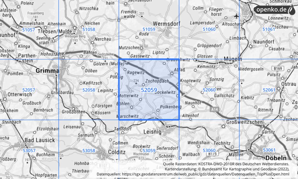 Übersichtskarte KOSTRA-DWD-2010R Rasterfeld Nr. 52059 mit angrenzenden Feldern
