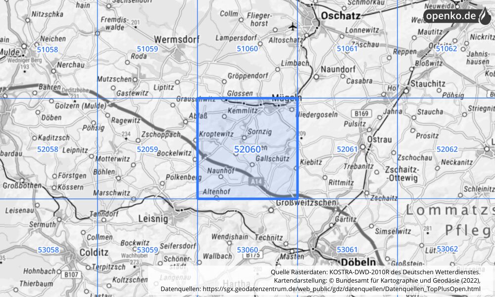 Übersichtskarte KOSTRA-DWD-2010R Rasterfeld Nr. 52060 mit angrenzenden Feldern