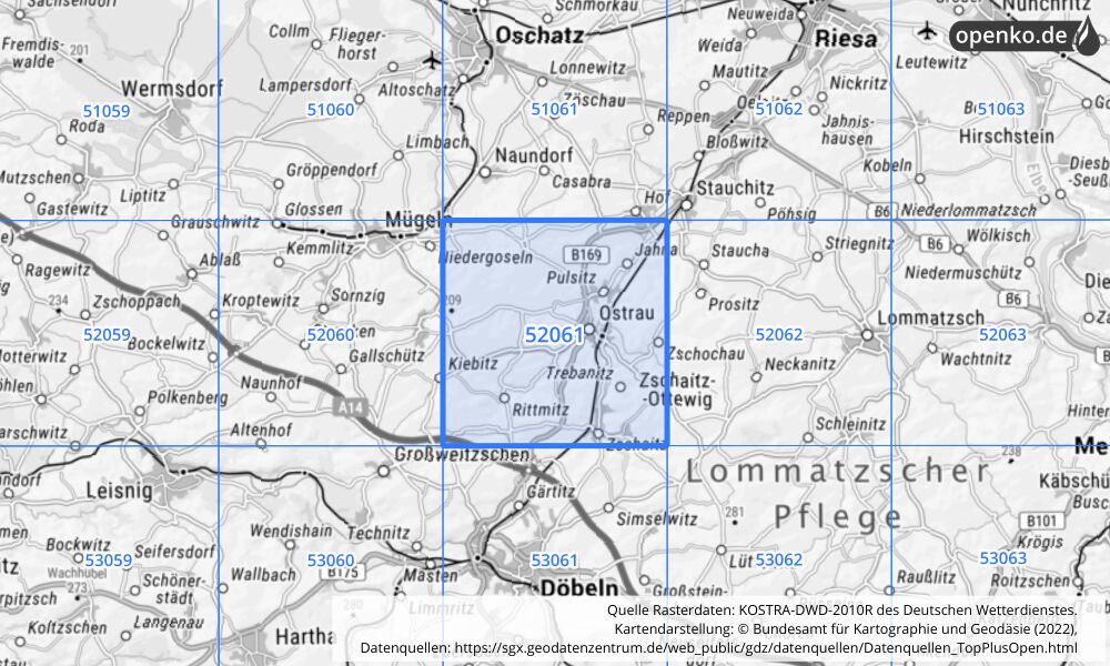 Übersichtskarte KOSTRA-DWD-2010R Rasterfeld Nr. 52061 mit angrenzenden Feldern