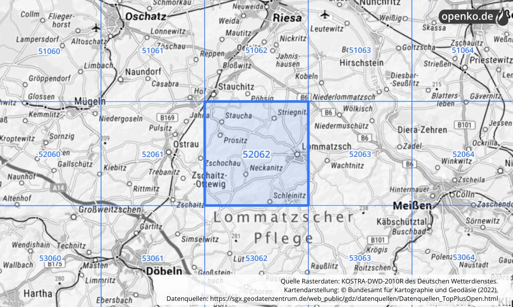 Übersichtskarte KOSTRA-DWD-2010R Rasterfeld Nr. 52062 mit angrenzenden Feldern