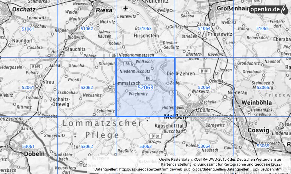 Übersichtskarte KOSTRA-DWD-2010R Rasterfeld Nr. 52063 mit angrenzenden Feldern