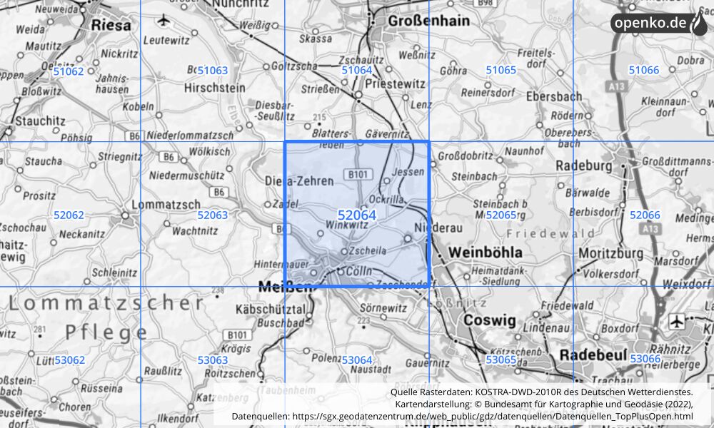 Übersichtskarte KOSTRA-DWD-2010R Rasterfeld Nr. 52064 mit angrenzenden Feldern