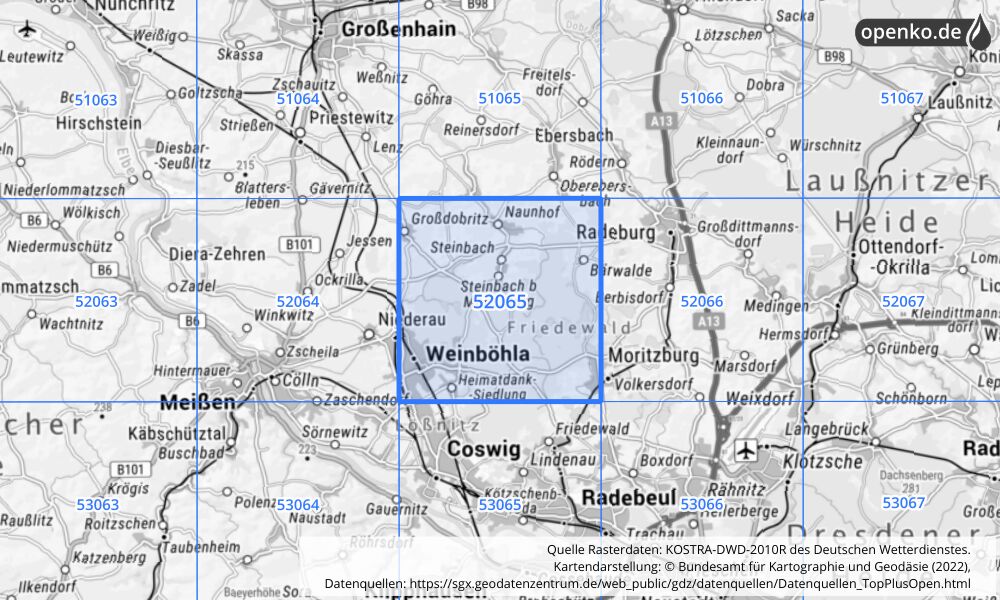 Übersichtskarte KOSTRA-DWD-2010R Rasterfeld Nr. 52065 mit angrenzenden Feldern