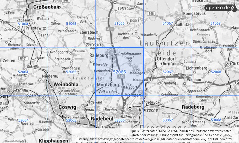 Übersichtskarte KOSTRA-DWD-2010R Rasterfeld Nr. 52066 mit angrenzenden Feldern