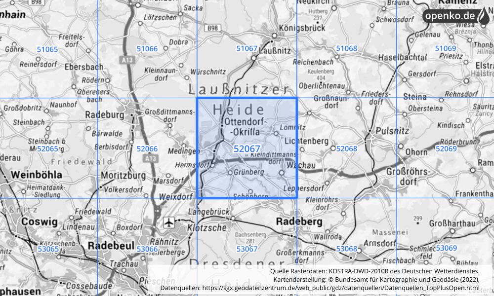 Übersichtskarte KOSTRA-DWD-2010R Rasterfeld Nr. 52067 mit angrenzenden Feldern