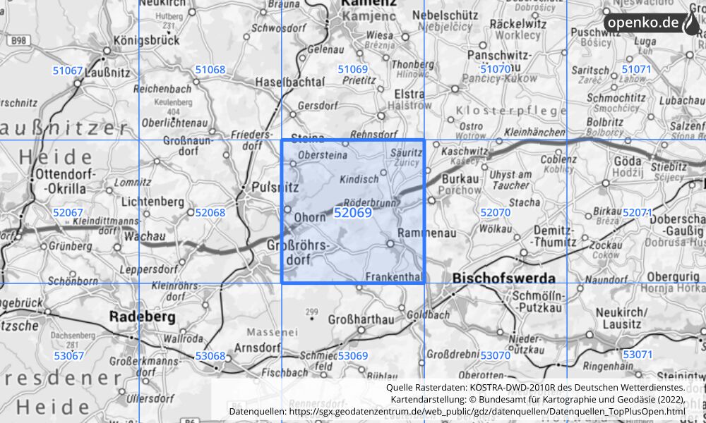 Übersichtskarte KOSTRA-DWD-2010R Rasterfeld Nr. 52069 mit angrenzenden Feldern