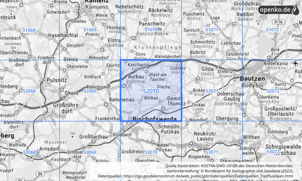 Übersichtskarte KOSTRA-DWD-2010R Rasterfeld Nr. 52070 mit angrenzenden Feldern