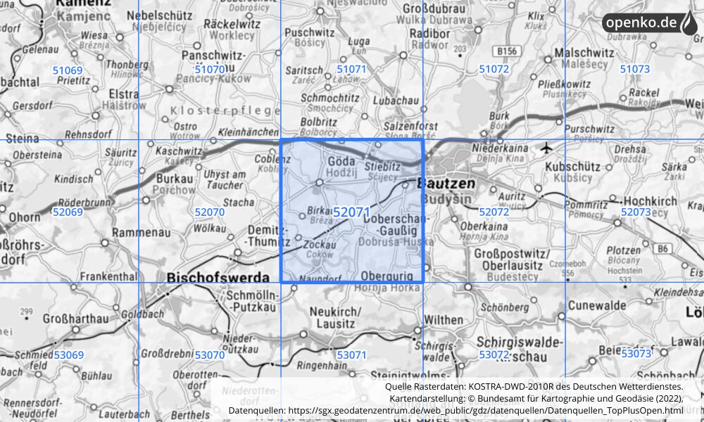 Übersichtskarte KOSTRA-DWD-2010R Rasterfeld Nr. 52071 mit angrenzenden Feldern