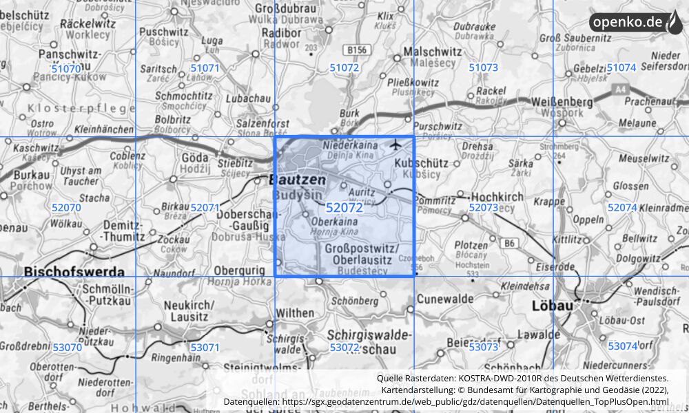 Übersichtskarte KOSTRA-DWD-2010R Rasterfeld Nr. 52072 mit angrenzenden Feldern