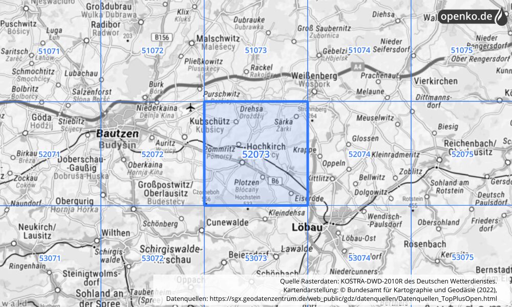 Übersichtskarte KOSTRA-DWD-2010R Rasterfeld Nr. 52073 mit angrenzenden Feldern